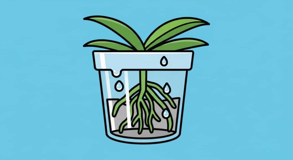 Cartoon illustration of a clear plastic orchid pot with visible healthy green orchid roots.