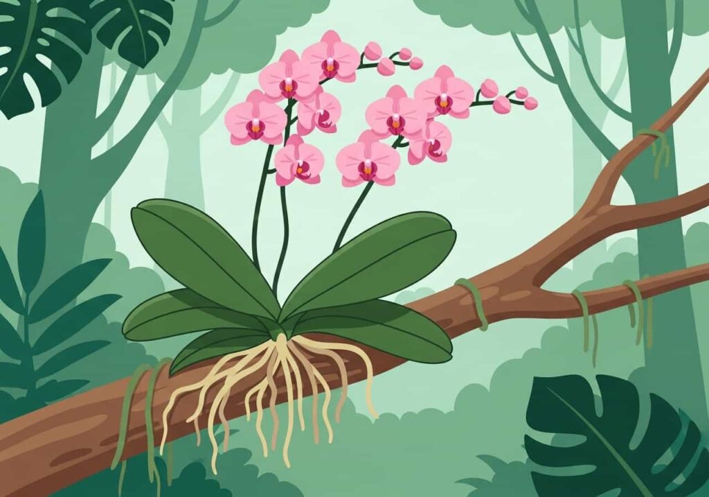 Flat cartoon orchid growing on a tree branch with roots exposed in the air