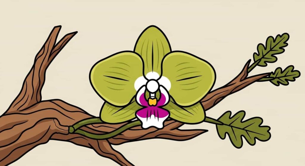 Cartoon Butterfly Orchid with greenish-yellow petals and magenta-spotted lip on an oak tree branch, beige background