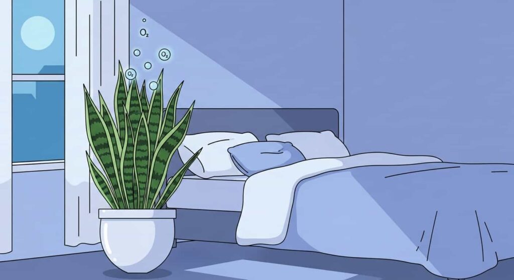 Snake plant releasing oxygen in a bedroom at night