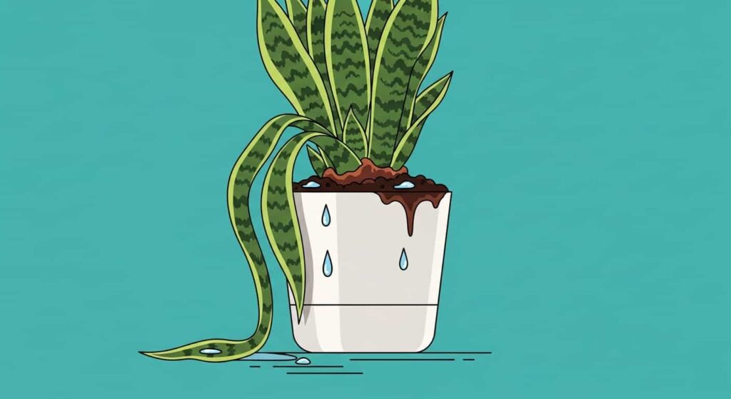 Flat illustration of snake plant suffering from root rot due to overwatering
