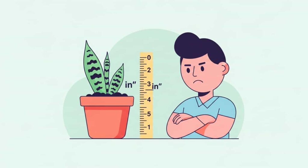 Cartoon illustration of a snake plant with very slow growth compared to a ruler, while a person looks impatient