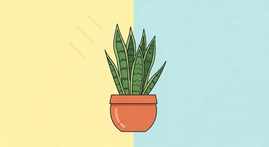 Flat illustration of snake plant in sunlight showing blooming triggers