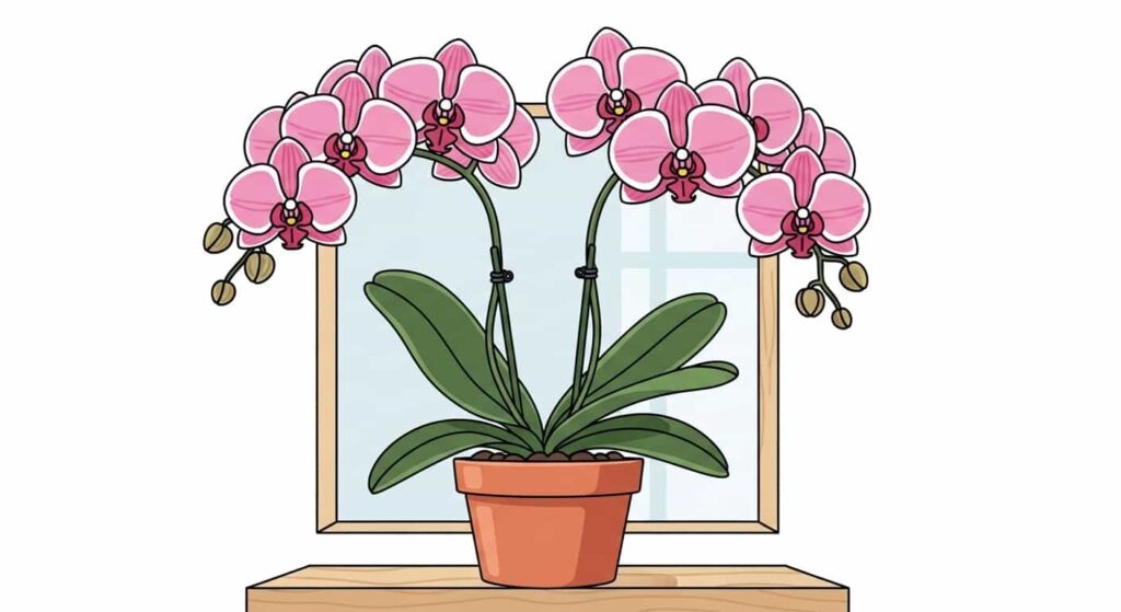 Cartoon moth orchid in a pot with pink and white blooms by a sunny window.