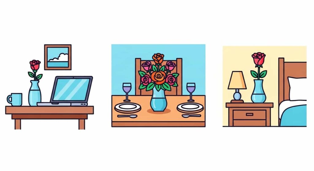 Cartoon illustration showing roses used as decorative accents in different rooms