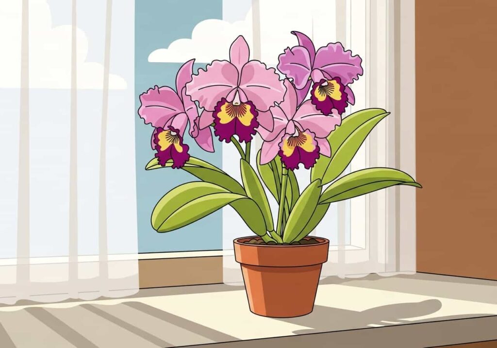 Cartoon of a potted Cattleya orchid on a sunny windowsill with lime-green leaves showing correct light levels.
