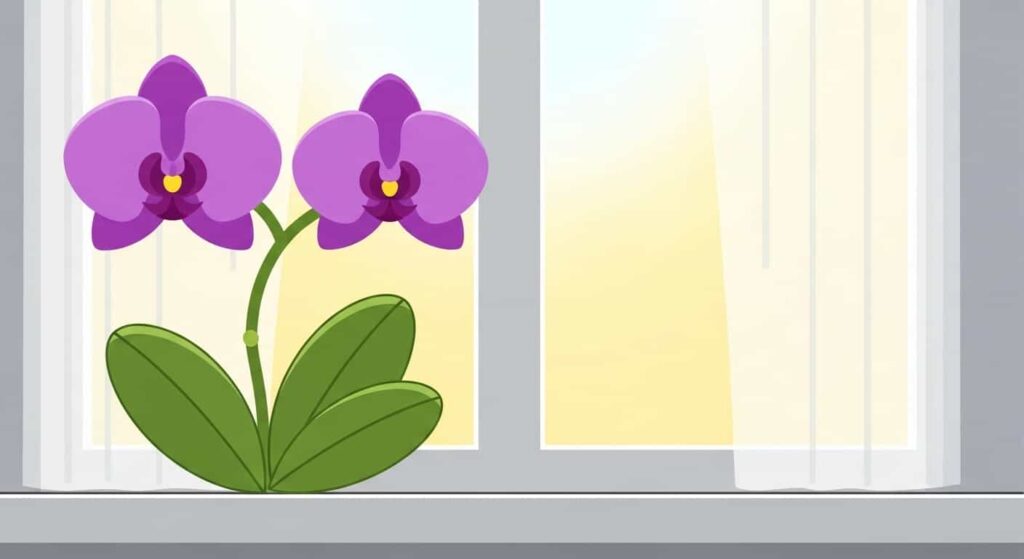 Cartoon orchid on windowsill receiving bright indirect sunlight through a curtain