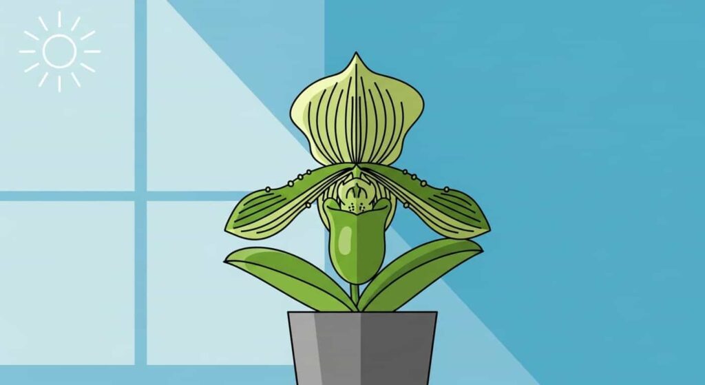 Cartoon of Paphiopedilum orchid by a window showing indirect light conditions on a flat sky-blue background.