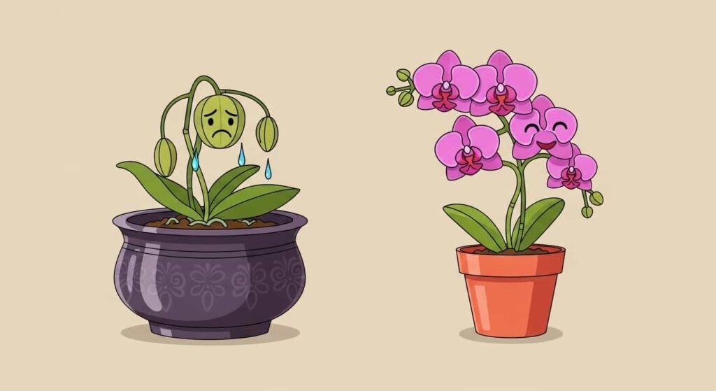 Cartoon orchid comparison between oversized pot and correctly sized snug pot