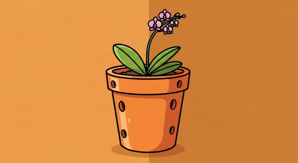 Cartoon illustration of a terracotta orchid pot with a small orchid plant.
