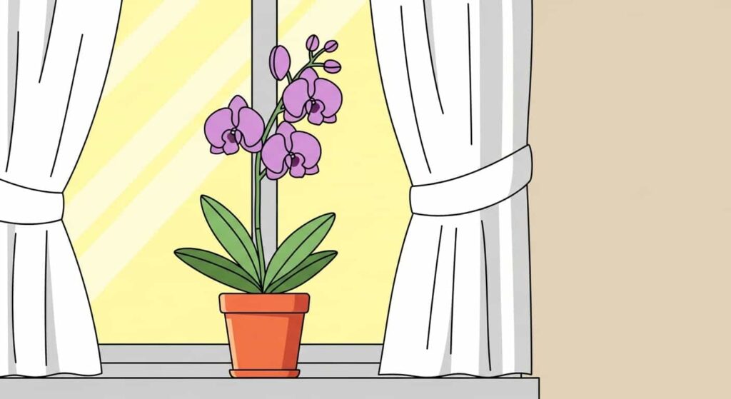 Cartoon of a Dendrobium orchid near a sunny window with filtered light.