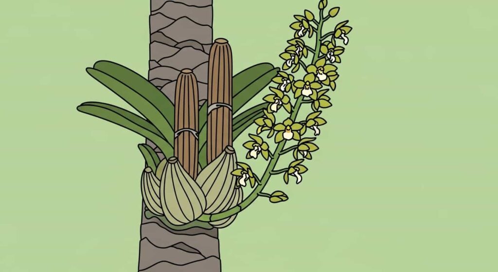 Cartoon Cigar Orchid with cigar-shaped pseudobulbs and tall flower spike on a cabbage palm, light-green background