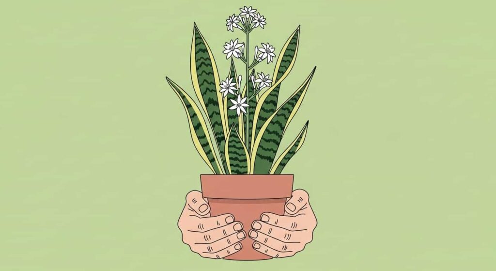 Hands holding blooming snake plant as reward for care