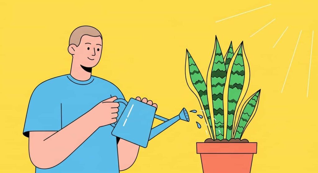 Cartoon of an easy-to-care-for snake plant being watered with ease
