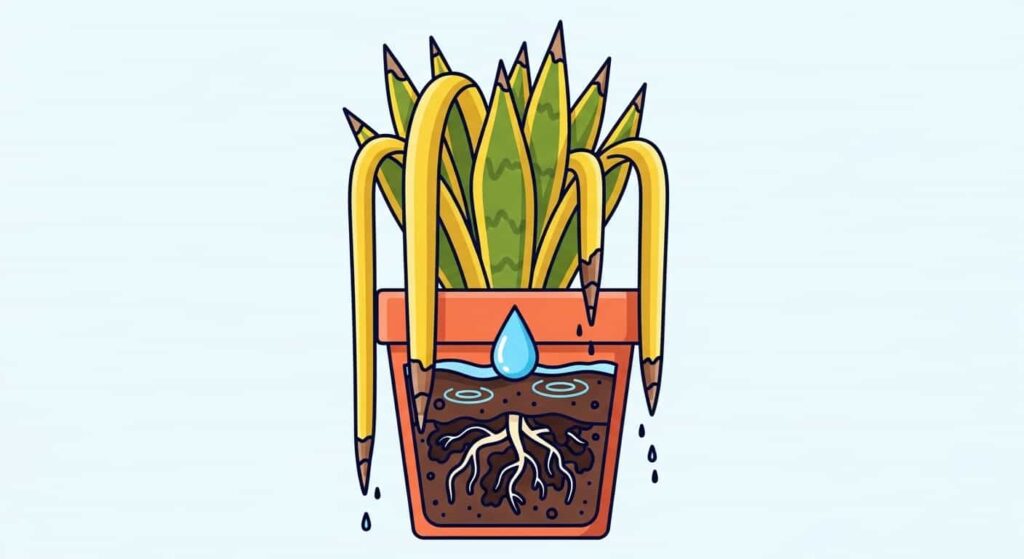 Cartoon illustration of an overwatered snake plant with yellow leaves and root rot