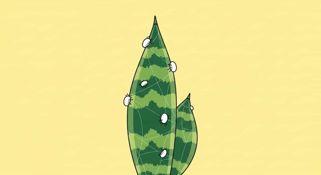 Flat illustration of snake plant leaf with mealybugs and spider mite webbing