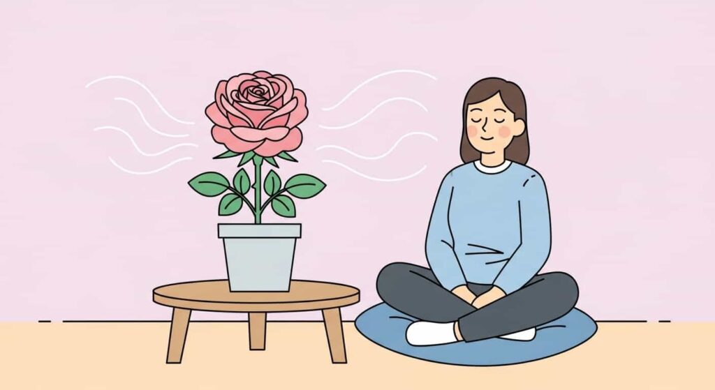 Cartoon illustration of a rose plant filling a room with calming fragrance