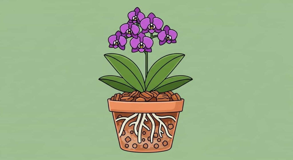 Cartoon orchid in bark-based potting mix inside a pot with drainage holes