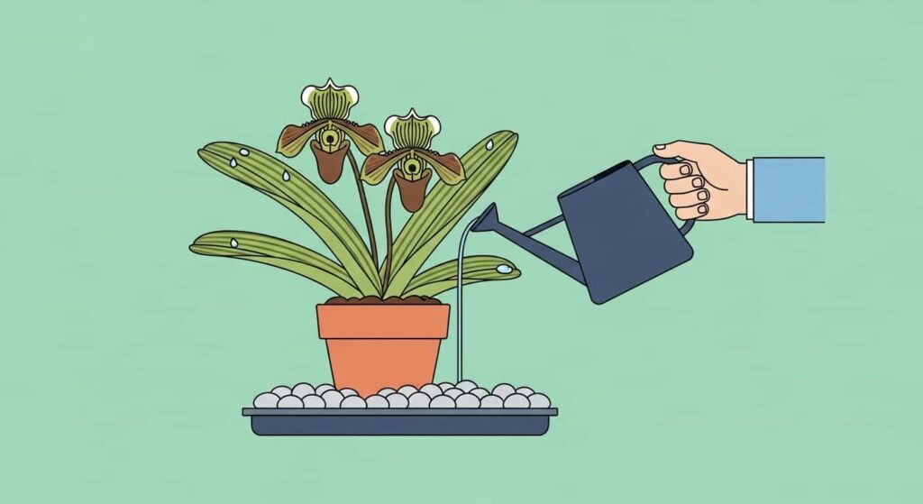 Cartoon of watering Paphiopedilum orchid and maintaining humidity on a flat mint-green background.