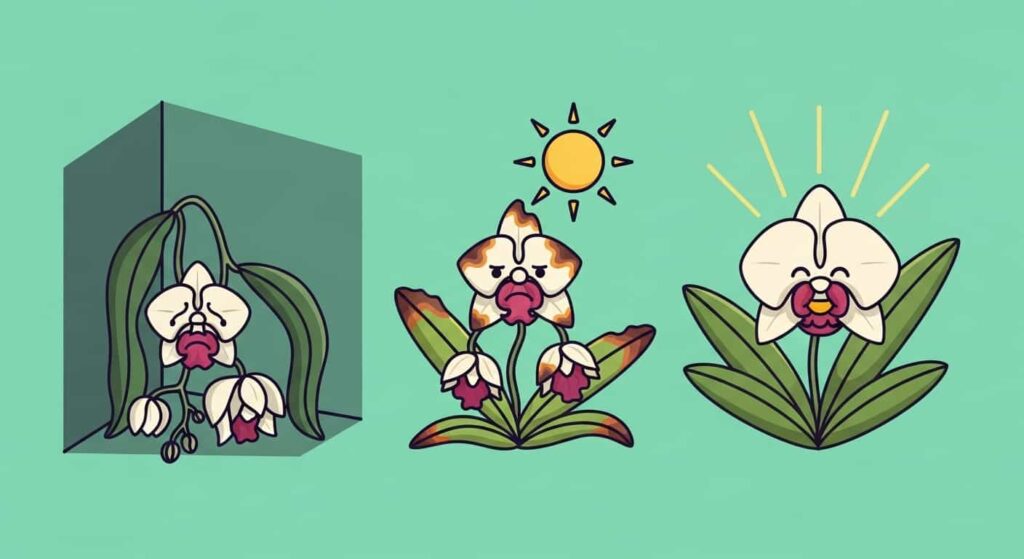Cartoon orchids showing too little light, too much light, and the correct bright filtered light