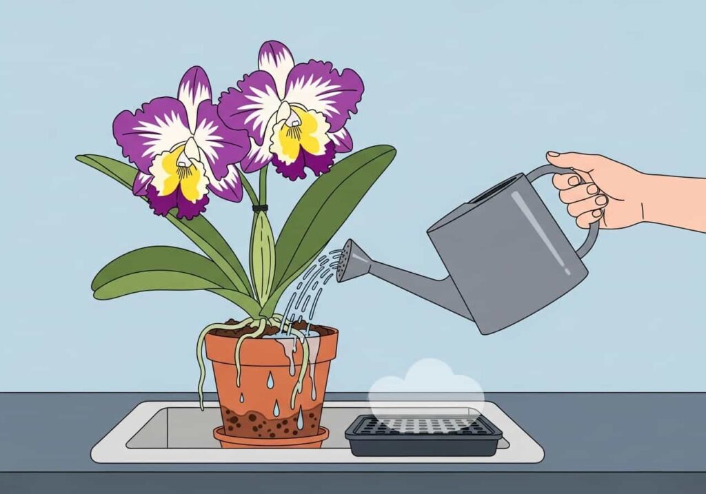 Cartoon of a Cattleya orchid being watered thoroughly with a humidity tray beside it.