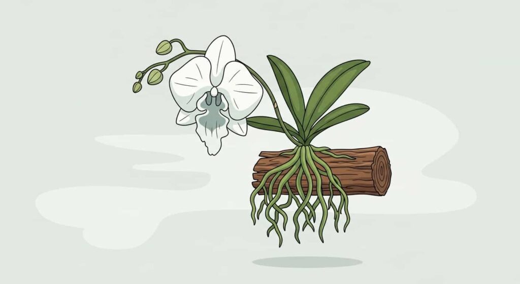 Cartoon of a ghost orchid with white floating flower and exposed roots on a gray background