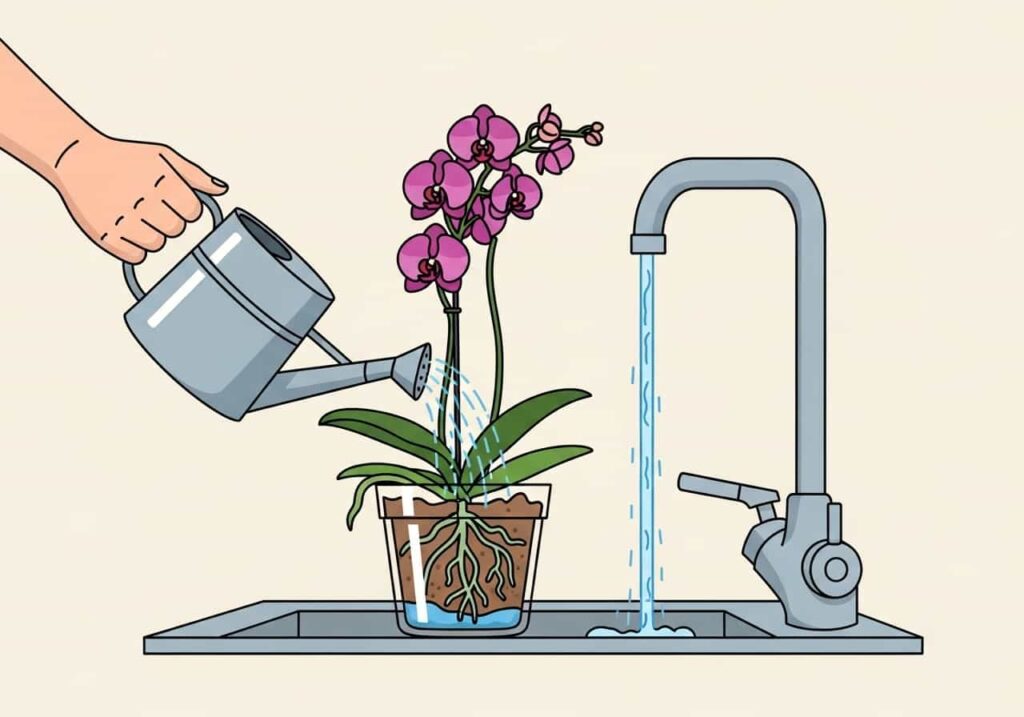 Flat cartoon of hand watering orchid at a sink with water draining through pot