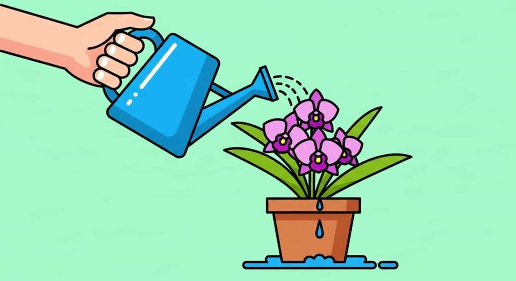 Cartoon of watering a Dendrobium orchid and letting water drain fully.