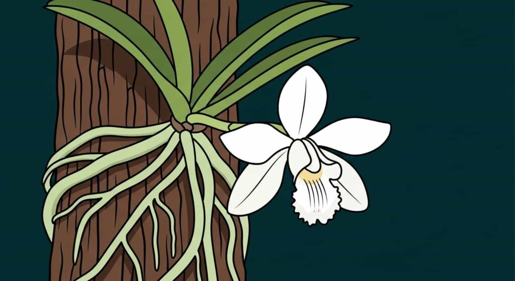 Cartoon Ghost Orchid with white flower appearing to float against tree bark, dark teal background