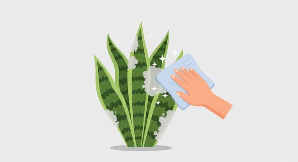 Cartoon illustration of dusty snake plant leaves being wiped clean with a cloth