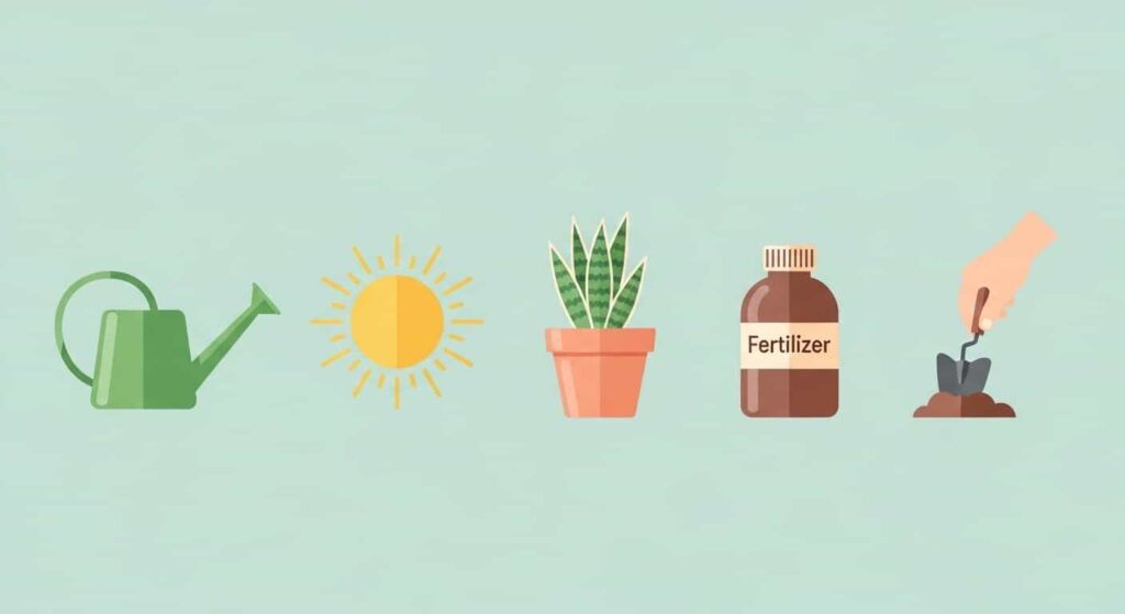 Flat icons showing snake plant care tips for blooming