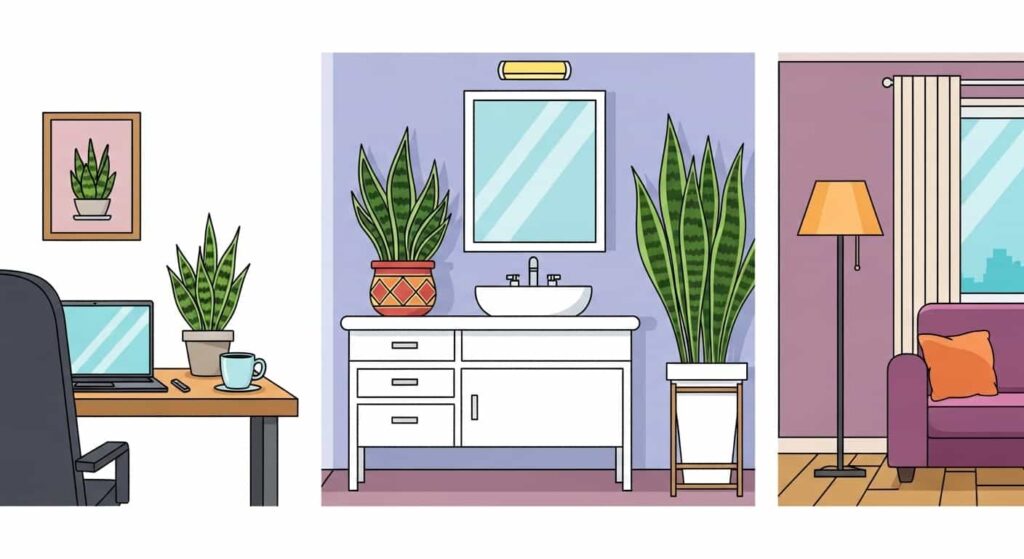 Snake plants thriving in different home environments like office, bathroom, and living room