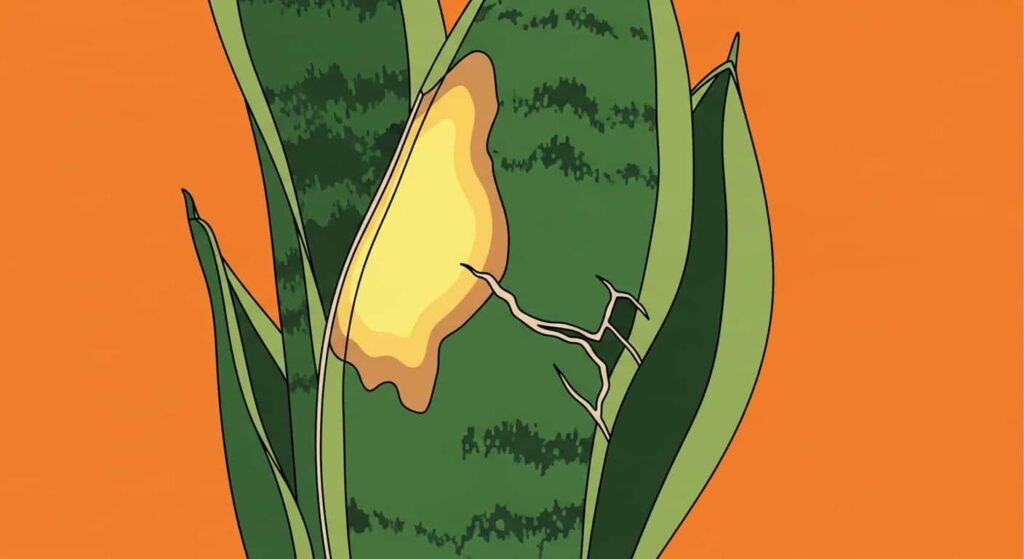 Flat illustration of snake plant leaf with sunburn and mechanical damage