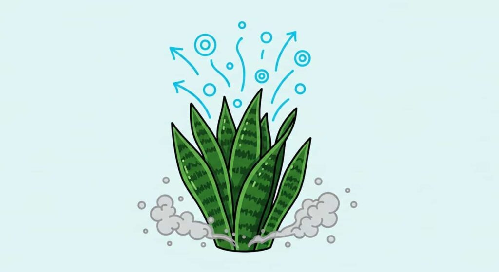 Snake plant cartoon showing fresh air replacing toxins, symbolizing cleansing energy.
