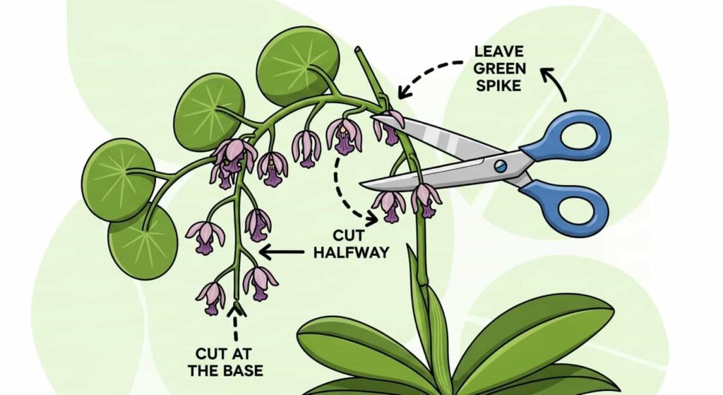 Cartoon showing orchid care tips including indirect light, watering at a sink, and a pebble tray for humidity