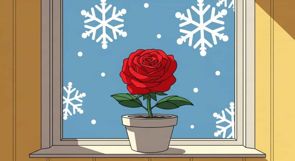 Cartoon illustration of an indoor rose blooming during winter snow outside