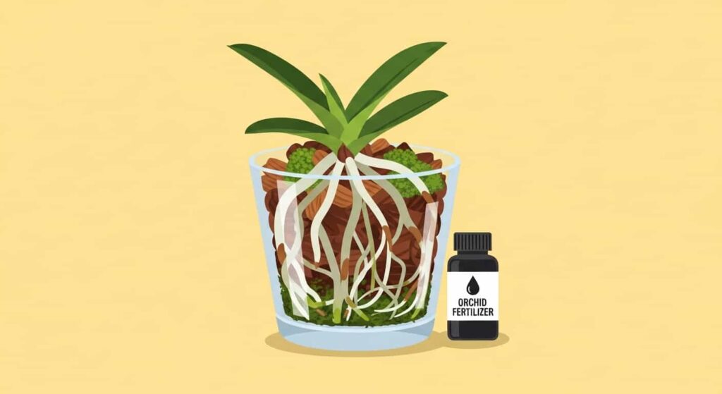 Cartoon of Paphiopedilum potting mix and light fertilizer use on a flat light-yellow background.