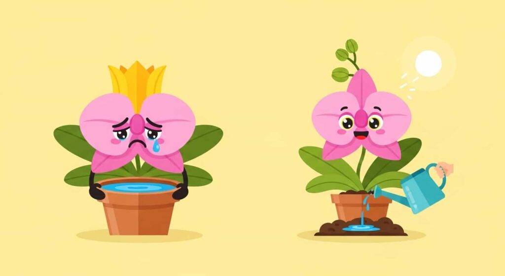 Cartoon orchid showing the danger of water in the crown versus safe base watering