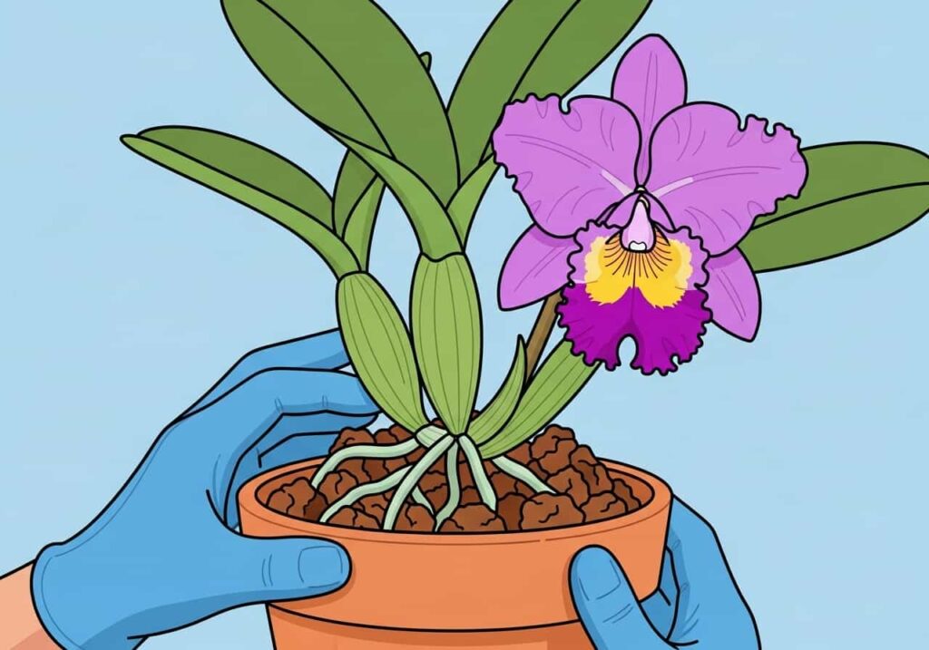 Cartoon of a Cattleya orchid being repotted into a clay pot with chunky orchid bark