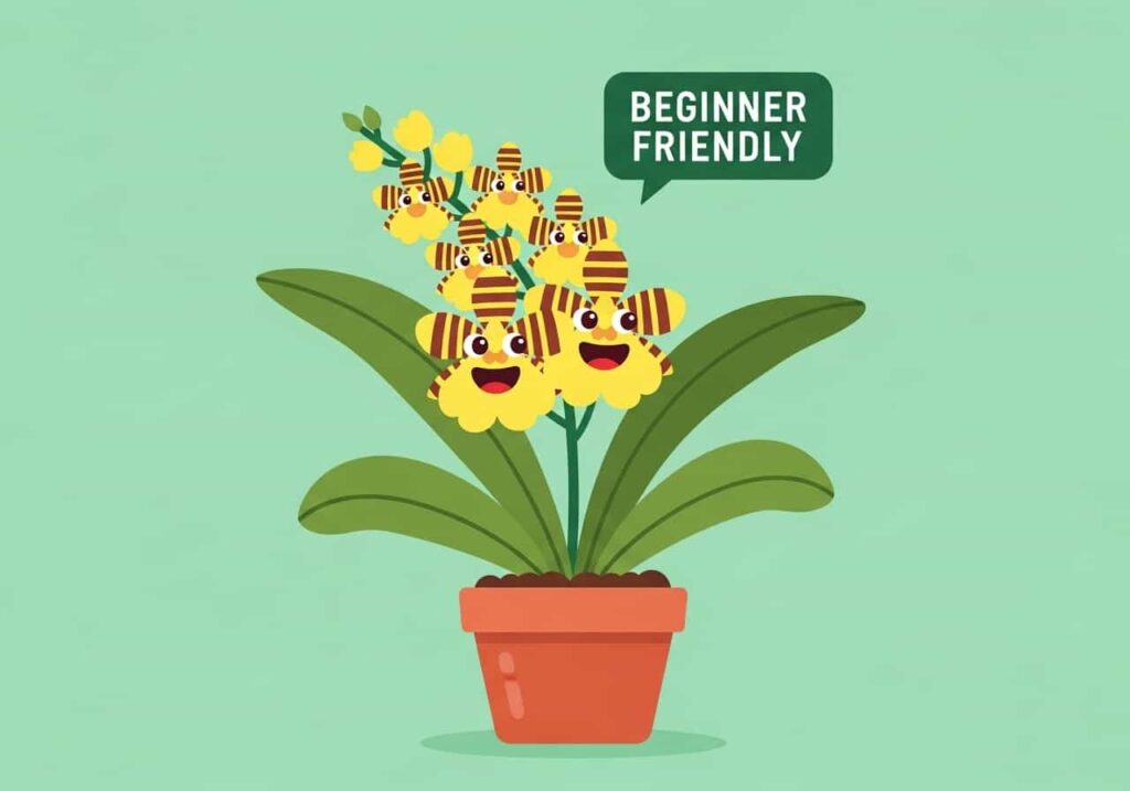 Cartoon of a snugly potted Oncidium orchid with a “Beginner Friendly” tag on a mint-green background