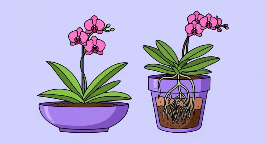 Cartoon illustration comparing a shallow pot for sympodial orchids and a deep pot for Phalaenopsis.