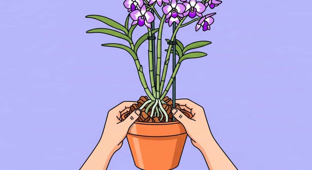 Cartoon of repotting a Dendrobium orchid into a clay pot with bark mix.