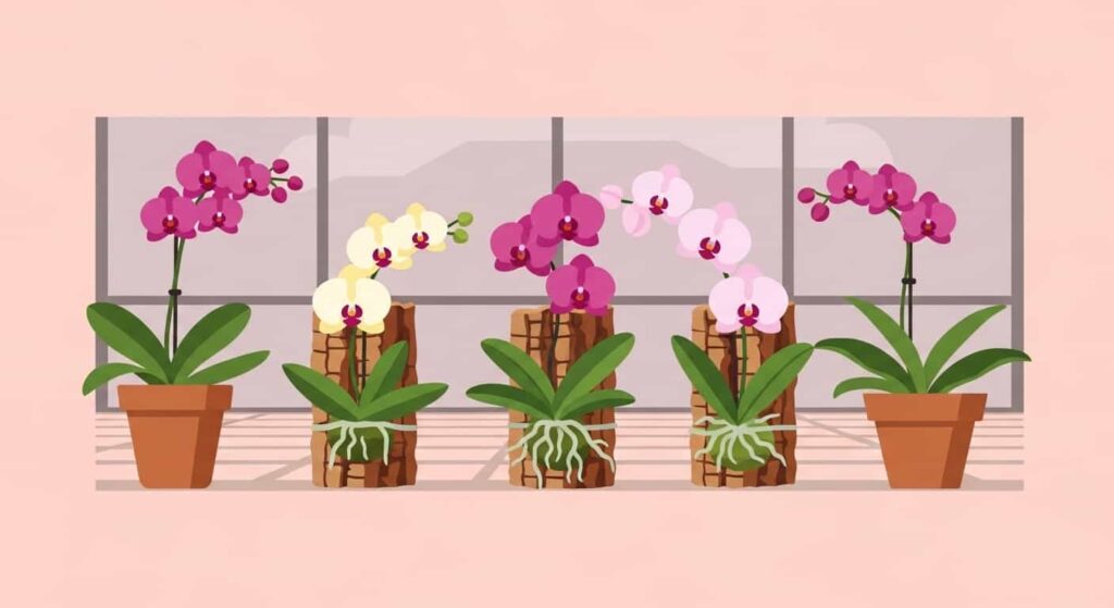 Cartoon orchids in pots and mounted displays on a screened Florida lanai, light-pink background