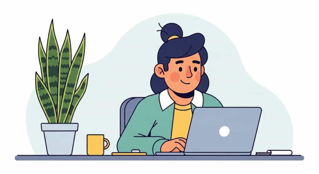 Cartoon person enjoying improved mood and focus with a snake plant on their desk