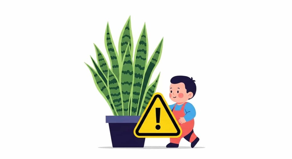Cartoon illustration of a toddler near a snake plant with sharp stiff leaves and a caution sign