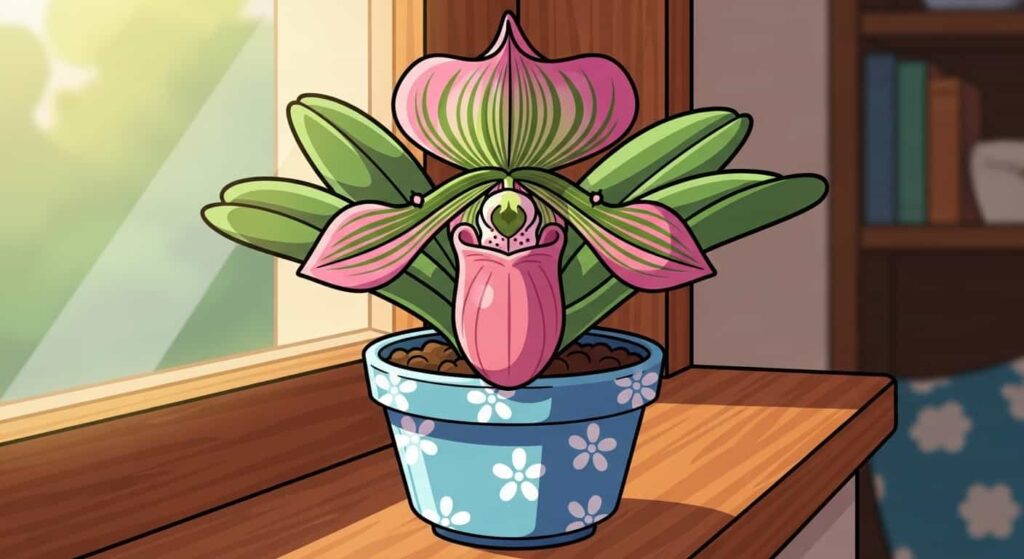 Cartoon slipper orchid with pouch-shaped bloom in pink and green growing in a pot