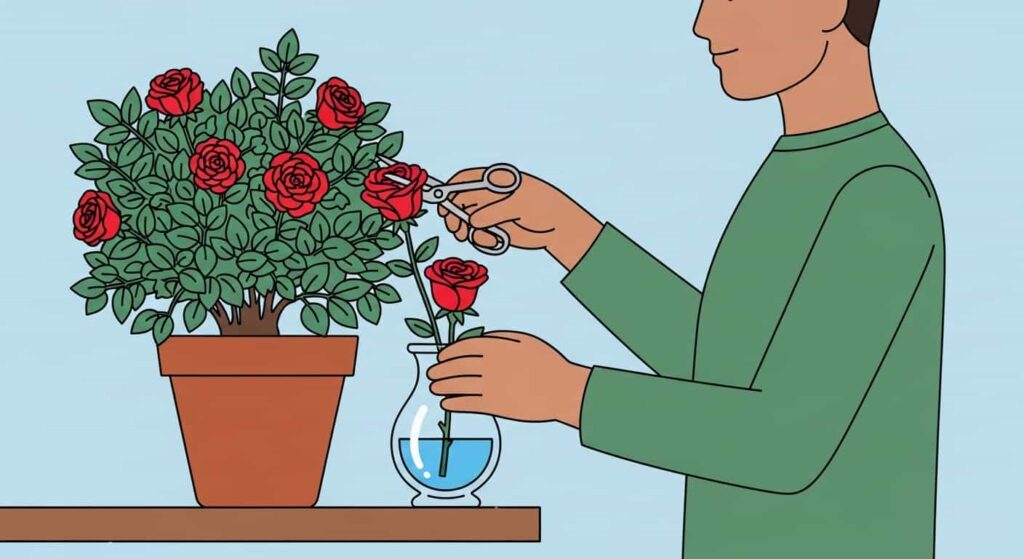 Cartoon illustration of cutting roses from indoor plant for a vase