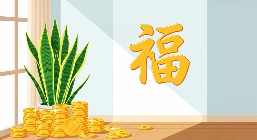 Snake plant in the wealth corner attracting prosperity and abundance.
