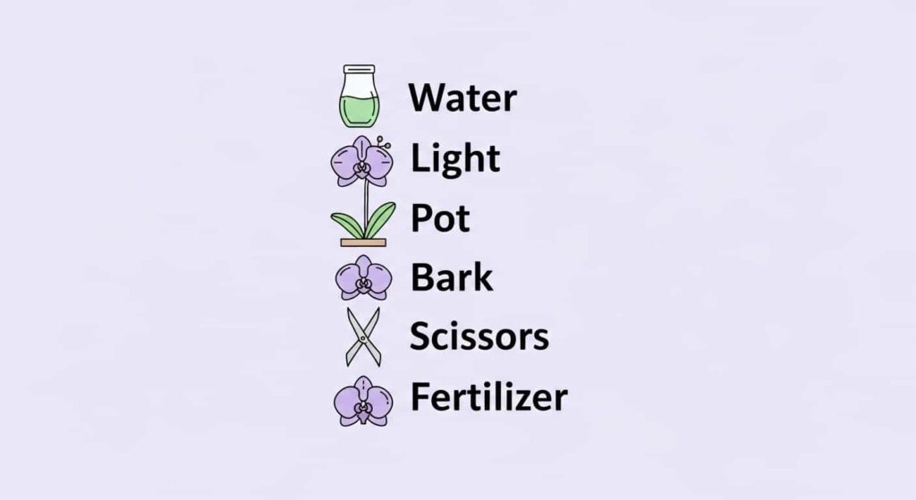 Cartoon checklist of orchid care basics: watering, light, bark mix, small pot, trimming spike