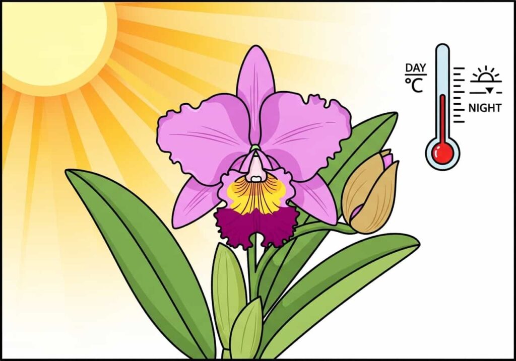 Cartoon of a Cattleya orchid forming a flower sheath with light and temperature cues for blooming